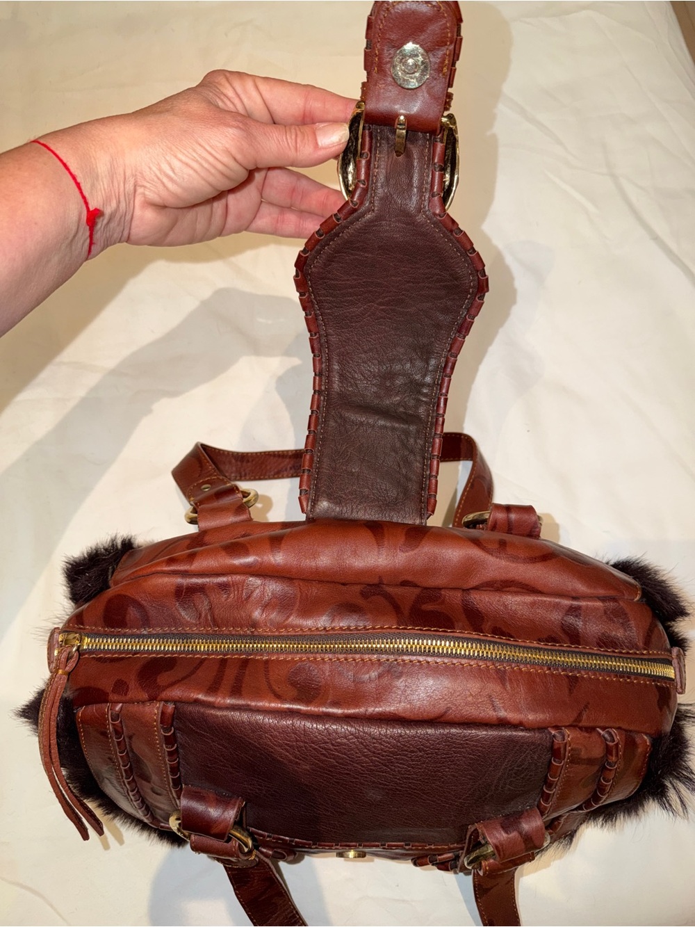 Just Cavalli Vintage brownLeather and Fur Accent Shoulder Bag with Gold Hardware - Picture 9 of 16